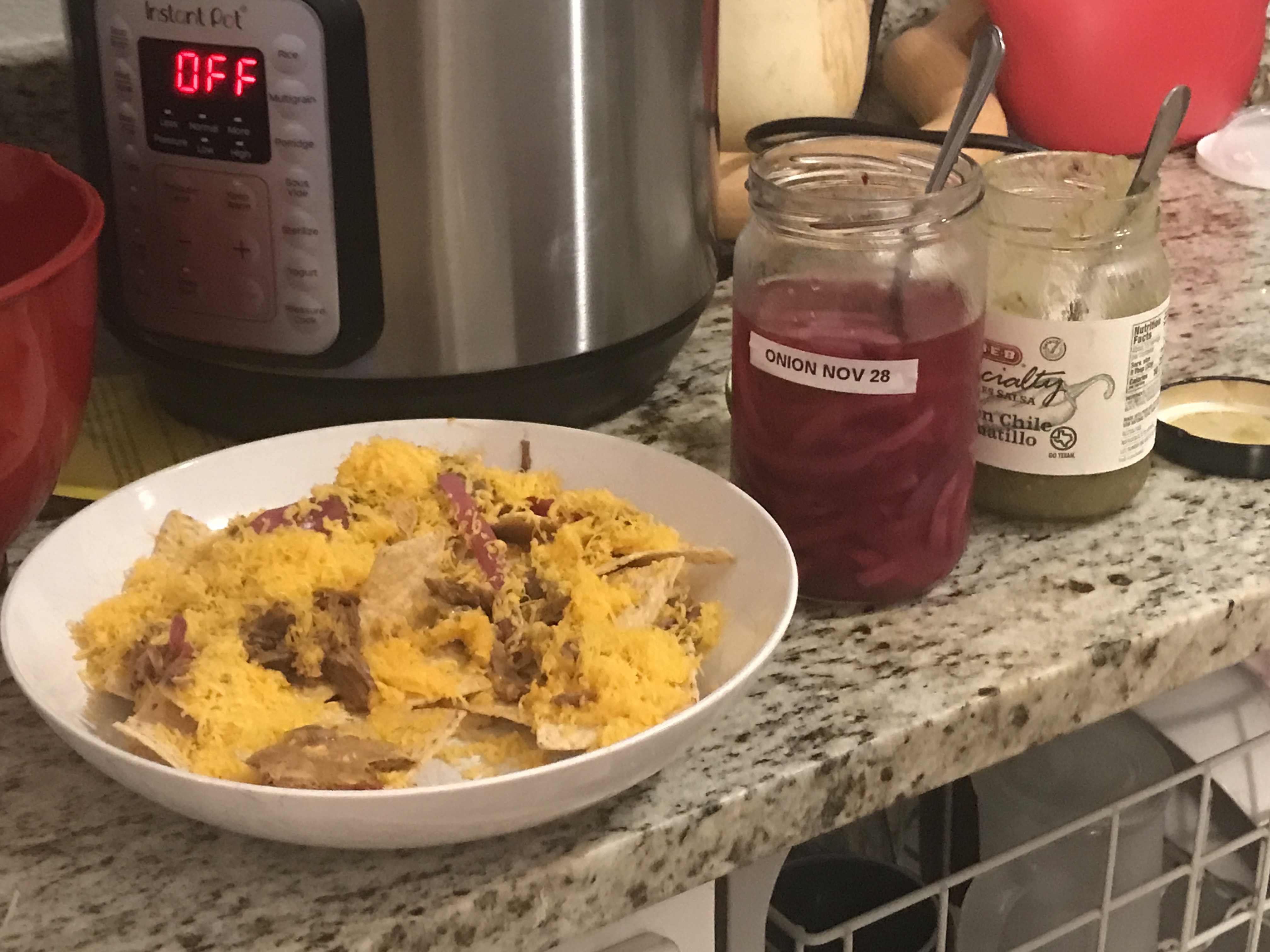 Bowl of nachos with pickled red onions, melted cheddar, barbacoa beef, and tortilla chips, with pickled onions and salsa beside
